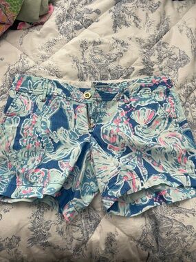 Lilly Pulitzer Blue Aqua Pink Floral Print Jean Shorts